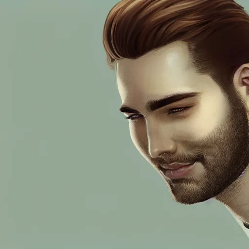 Image similar to tall slightly fat man in his twenties with brown blond short quiff hair and round facial structure with cleft chin, straight eyebrows, slightly smiling, cheekbones, wider face, shadow of beard, atmospheric lighting, painted, intricate, 4 k, highly detailed by charlie bowater