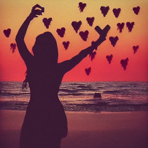 Prompt: “a silhouette of a woman on a beach taking a selfie with lots of hearts in the air photorealistic ”