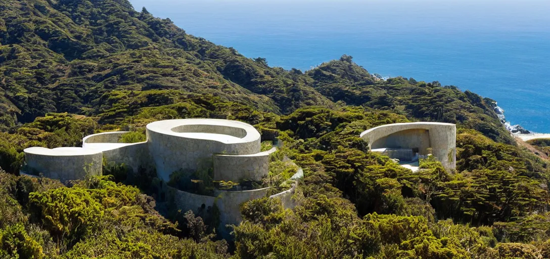 Prompt: castle designed by renzo piano overlooking big sur. landscape design by roberto burle marx.