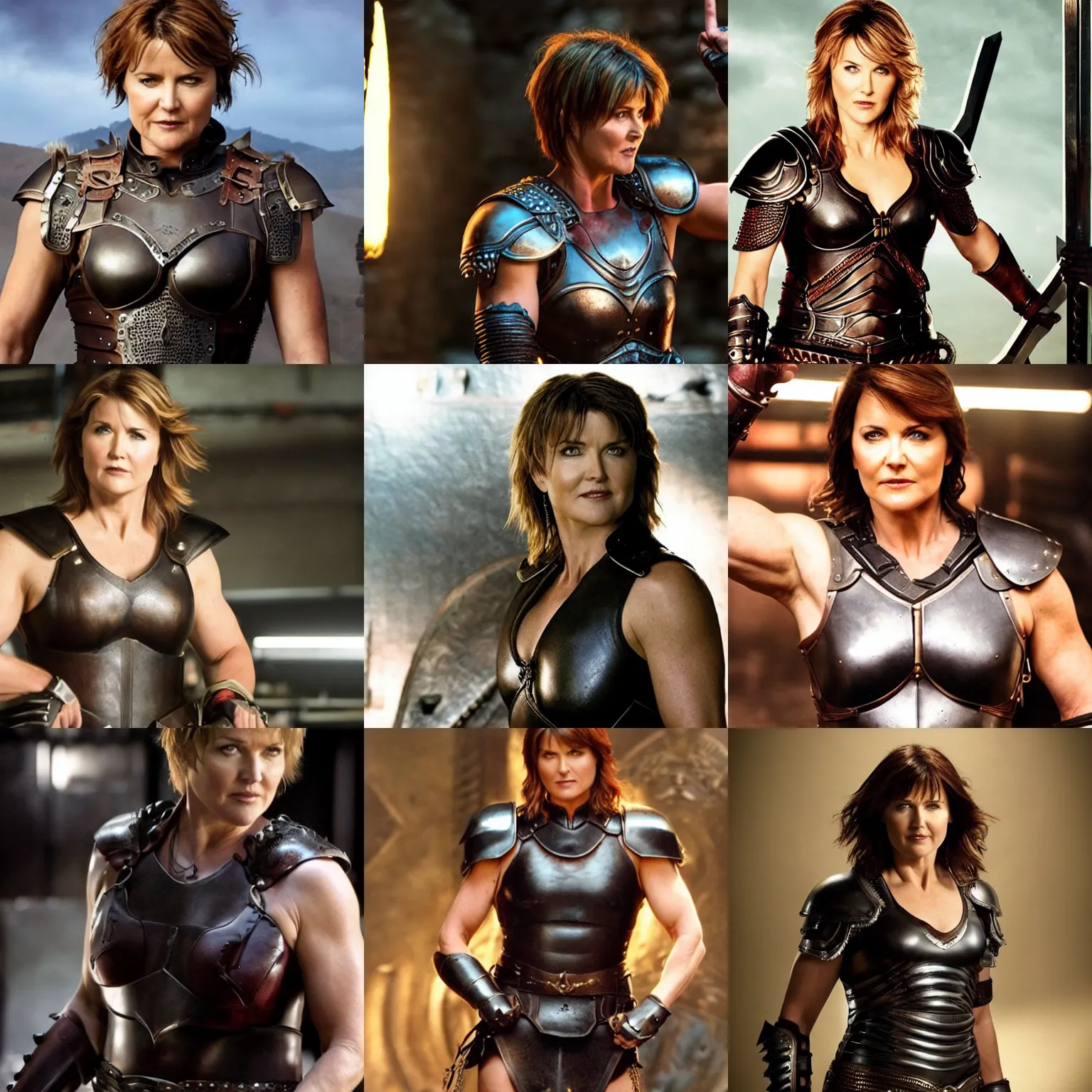 Prompt: lucy lawless with short hair, lean muscles, leather armour, acrylic masterpiece, cinematic lighting.