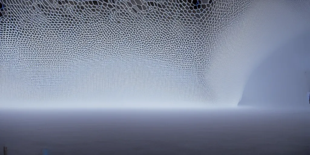 Image similar to white honeycomb organic illuminated building with warm illumination inside by kendall buster sits on the field evening atmosphere in low fog, 4 k, insanely quality, highly detailed, film still from the movie directed by denis villeneuve with art direction by zdzisław beksinski, telephoto lens, shallow depth of field