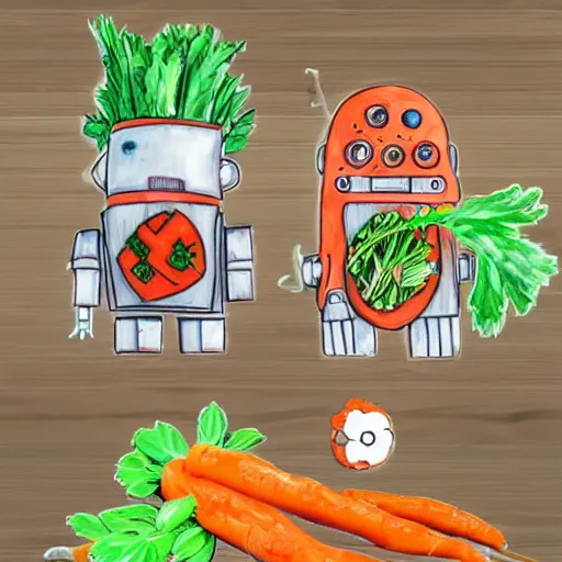 Image similar to robot made of vegetables, tomato head and a carrot sword, made in abyss style