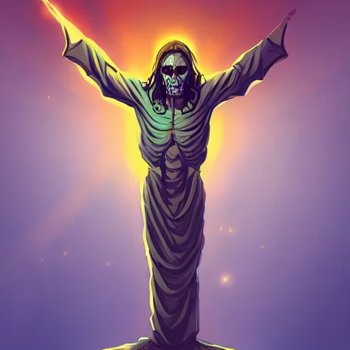 Prompt: Jesus Christ as skeleton inside an epicenter of a thermonuclear blast standing on the Earth sphere with radioactive rays to the sides, Video game icon design , 2d game fanart behance hd by Jesper Ejsing, by RHADS, Makoto Shinkai and Lois van baarle, ilya kuvshinov, rossdraws global illumination