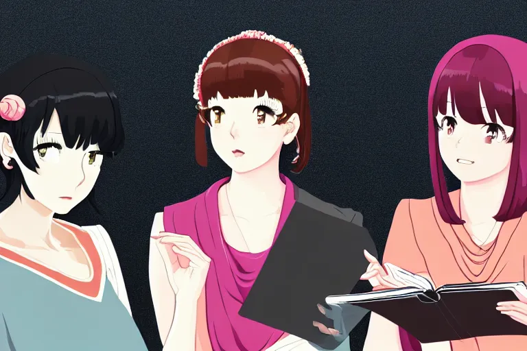 Image similar to portrait of two wise and very beautiful women discussing some texts appearing in a computer screen, in the style of bakemonogatari, intricate, elegant, highly detailed, smooth, sharp focus, artstation