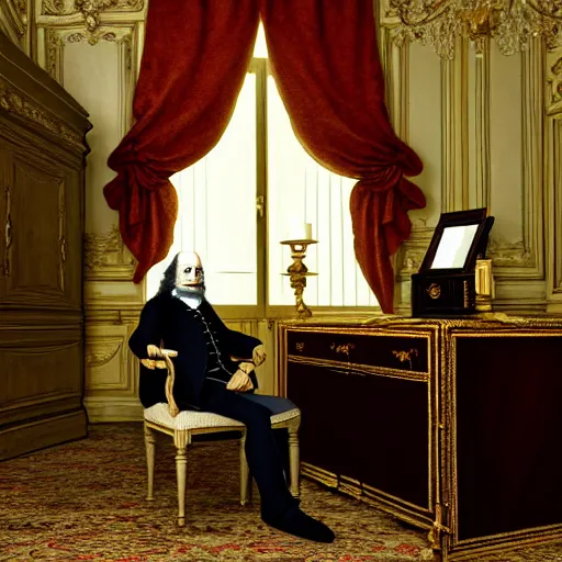 Image similar to An extremely detailed render of a 200 years old man with very old clothes, sitting at his Louis XIV desk, with very old curtains in the room, very old room. The very very very old man has a 1880 phone on his desk. Dust in the air, god rays, raytracing shadows, ambient occlusion, 8K, RTX 3090, trending on artstation, lumens