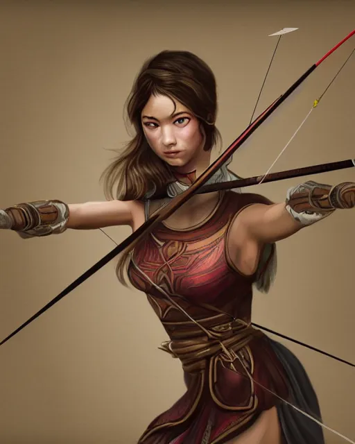 Prompt: illustration of a women posing with a bow and arrow, female archer, warrior, realistic face, heroes archery japanese, artstation trending, concept art, digital painting