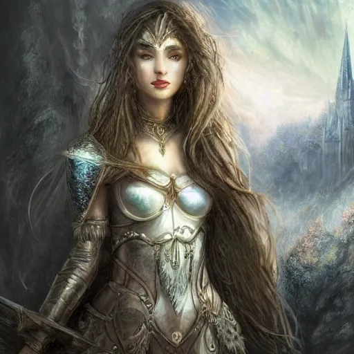 Image similar to the picture of a beautiful woman knight, epic fantasy art, mystical, mystic atmosphere, mythology, photo realistic, high detail, ultra realistic, hyper realistic, high definiton, 4 k uhd,