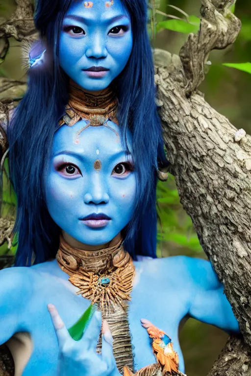 Image similar to a korean woman dressed as a blue-skinned female navi from avatar standing in a forest, blue body paint, high resolution film still, 8k, HDR colors, cosplay, outdoor lighting, high resolution photograph, photo by bruce weber, beautiful symmetric face, beautiful gazing eyes
