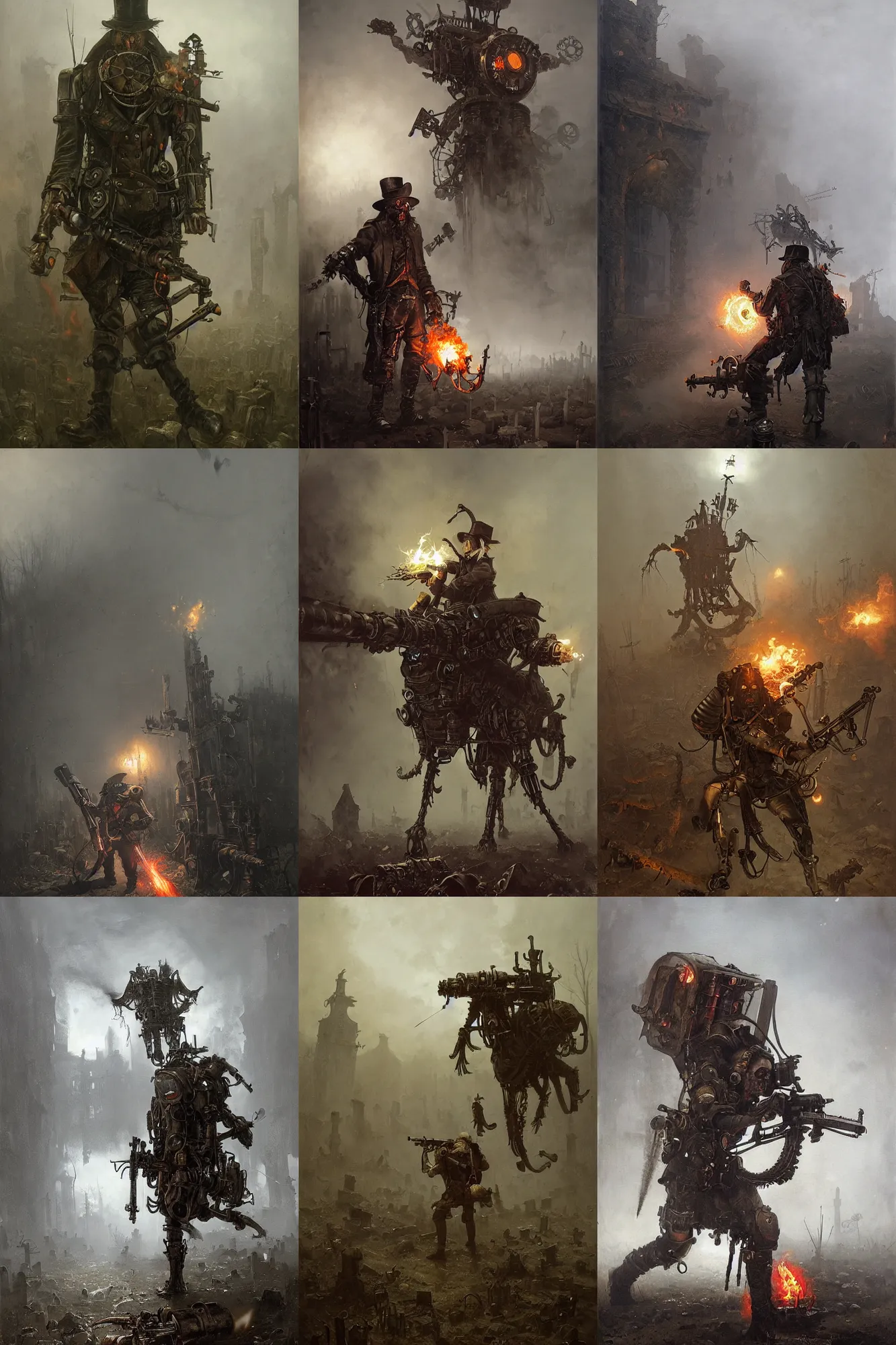 Prompt: Abraham Van Helsing equipped in a heavy steampunk exoskeleton with a machine gun and a backpack flame-thrower fights against vampires and ghouls at an old foggy graveyard by Jakub Różalski, highly detailed