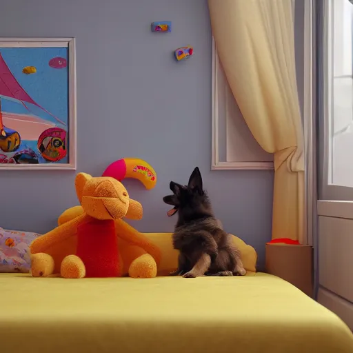 Image similar to eye - level view, in a child's bedroom filled with toys there is a bed under a window with a colorful bedspread. a super cute gsd puppy runs and jumps on the bed and plays with its toys. hilarious, funny, back to school comedy, cg animation, 3 d octane render, imax 7 0 mm,