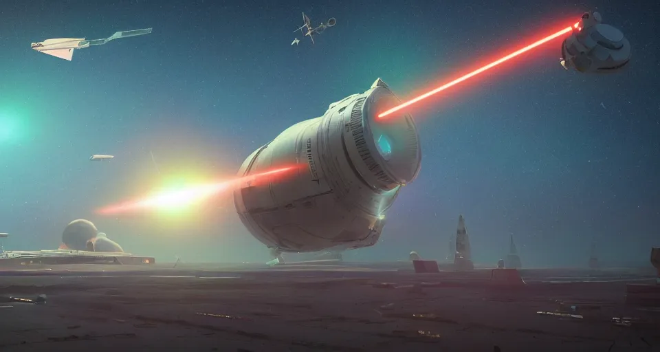 Image similar to GIANT suborbital laser satellite shooting a beam at the ground, neon, cinematic, rendered by Beeple, Makoto Shinkai, syd meade, simon stålenhag, star wars, inspired by Gundam, environment concept, digital art, unreal engine, 3 point perspective, WLOP, trending on artstation, low level, 4K UHD image, octane render,