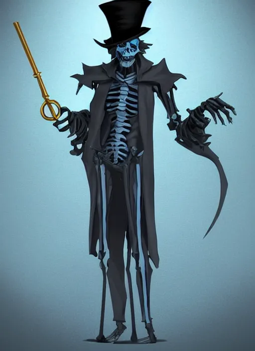 Image similar to DND character concept, skeletal male figure, wearing a deep black suit!!! and tie and top hat, holding a gold! cane!. Surrounded by light blue!!! flames!!