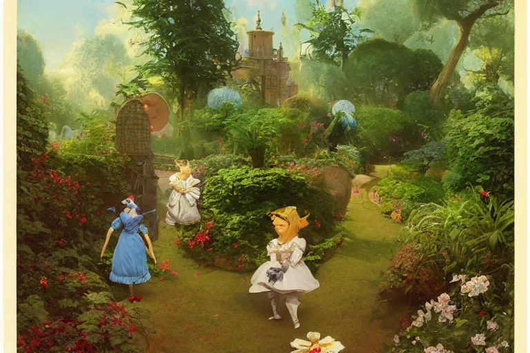 Prompt: alice in wonderland in the garden, john tenniel, normal rockwell, craig mullins, david curtis, carl spitzweg, morgan weistling, chris foss