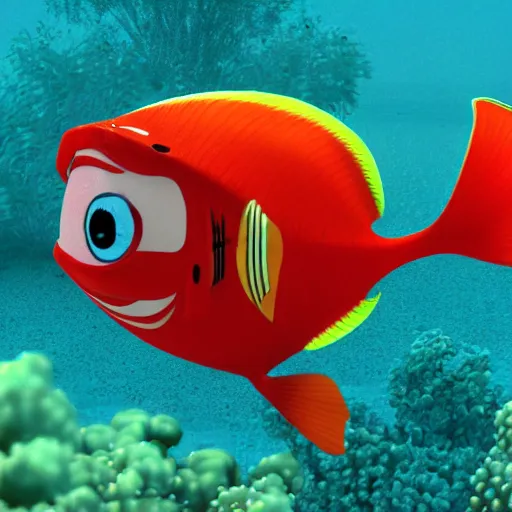 Image similar to a 3d render of a fish underwater that is looking a boat , in the style of a pixar cartoon, disney cartoon