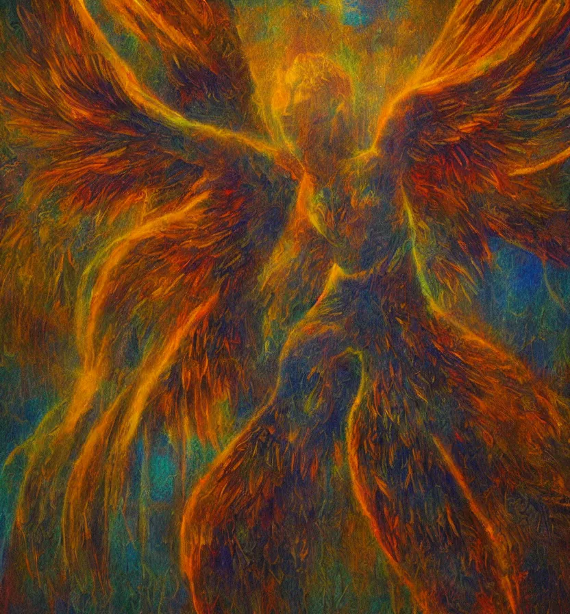 Image similar to last seraphim of the golden mythos beloved (dreamy) gnostic fog, award winning oil painting, chromatic aberration sharp colors