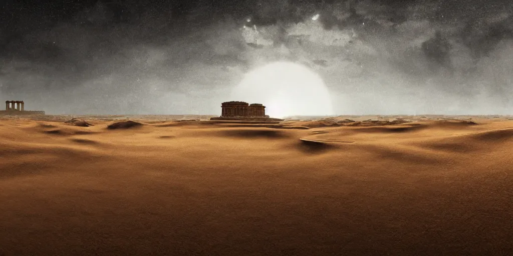 Image similar to a wide desertic matte painting landscape with ancient temple buried in the sun. big sand dunes. under a white sky with black stars. by goya. eerie lighting. photorealistic. artstation. hd.