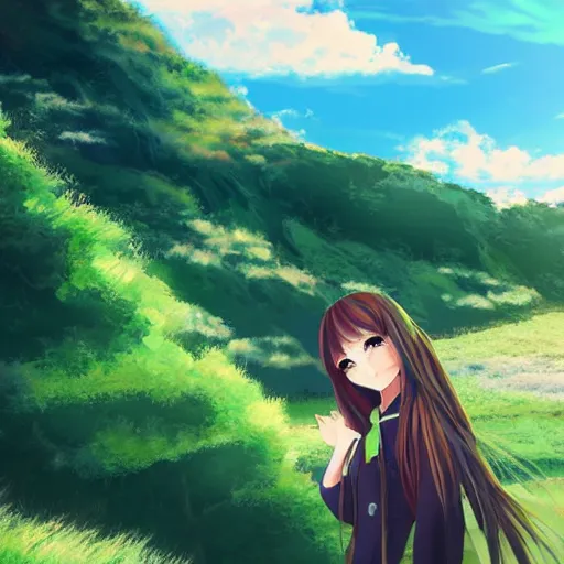 Image similar to anime girl in beautiful green valley and blue sky, digital art