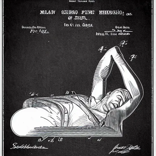 Image similar to sleeping man as a patent drawing. looking at camera. technical drawing. mathematical.