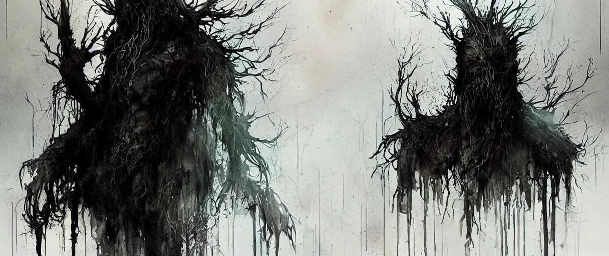 Image similar to concept art of treebeard from lord of the rings by emil melmoth zdzislaw beksinki craig mullins yoji shinkawa realistic render ominous detailed photo atmospheric by jeremy mann francis bacon and agnes cecile ink drips paint smears digital glitches glitchart