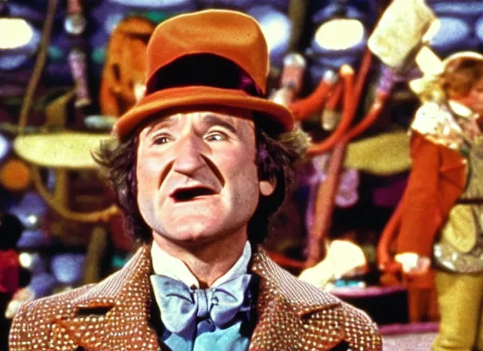 Image similar to film still of Robin Williams as Willy Wonka in Willy Wonka and the Chocolate Factory 1971