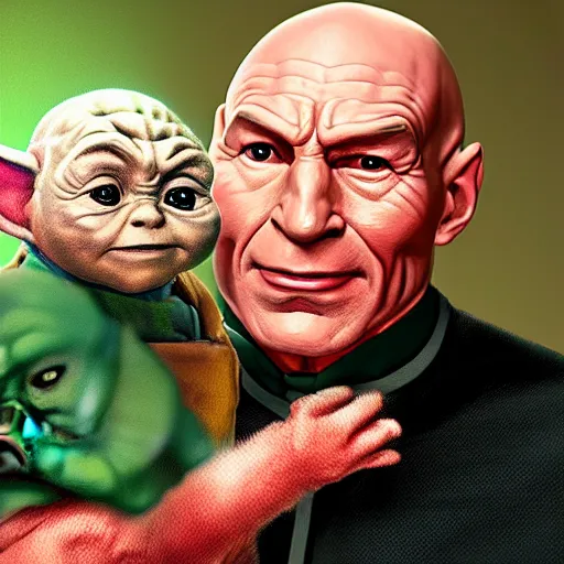 Image similar to a hyper real comic book style portait painting of captain picard with baby yoda on his chest, unreal 5, hyperrealistic, octane render, cosplay, rpg portrait, dynamic lighting