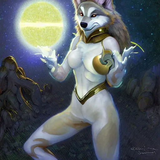 Image similar to a portrait of a female wolf wolfwoman canine alien in starfleet uniform at night in a dark forest. zootopia fursona furaffinity furry art detailed face painting by gaston bussiere craig mullins jc leyendecker gustav klimt artgerm greg rutkowski furry