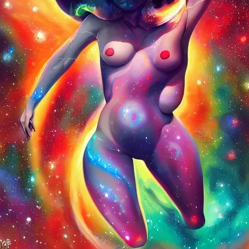 Prompt: lady gaga, galaxies and nebula flowing out of his body, artgerm, psychedelic floral planets, studio ghibli painterly style, trending on artstation