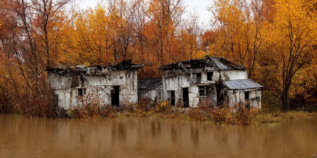 Image similar to abandoned village, autumn, flood, very detailed