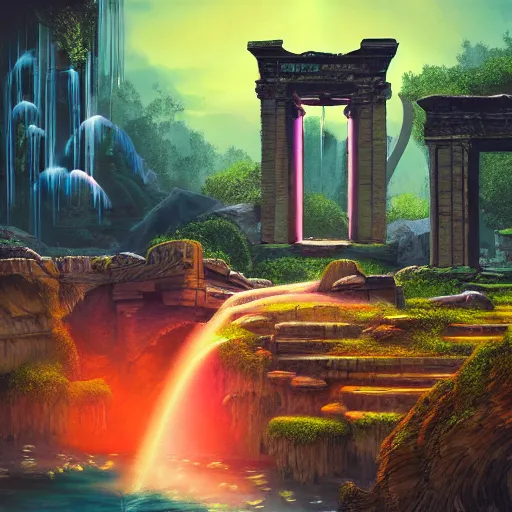 Prompt: neon ancient ruins with waterfalls,digital art,retrowave art,trending on art station