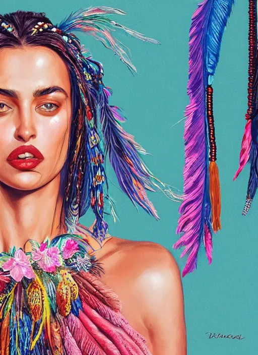 Image similar to beautiful portrait of Irina Shayk wearing fantastic Hand-dyed cotton dress,embellished beaded feather decorative fringe knots ,colorful pigtail,subtropical flowers and plants,dramatic lighting,symmetrical face,intricate,elegant,highly detailed,8k,post-processing,digital painting,trending on artstation, GUCCI,PRADA,concept art, sharp focus, illustration, by artgerm,Tom Bagshaw,Lawrence Alma-Tadema,greg rutkowski,alphonse Mucha