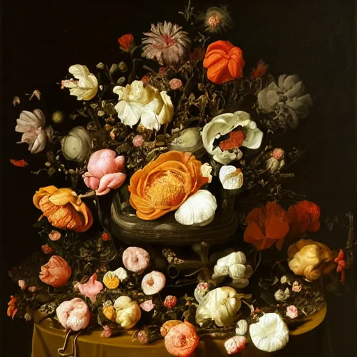 Prompt: disgusting disturbing dutch golden age bizarre floral still life with many human toes sprouting up everywhere by rachel ruysch black background chiaroscuro beautiful dramatic lighting perfect composition high definition 8 k 1 0 8 0 p