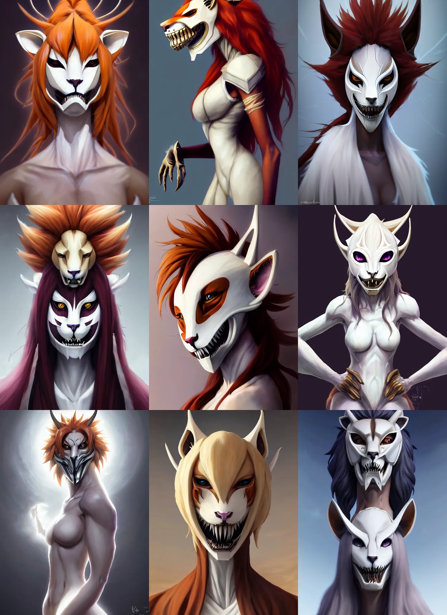 Prompt: beautiful portrait of a female anthropomorphic lioness fursona dressed as a bleach espada vasto lorde hollow. bone mask. character design by disney, charlie bowater, ross tran, artgerm, and makoto shinkai, detailed, soft lighting, rendered in octane