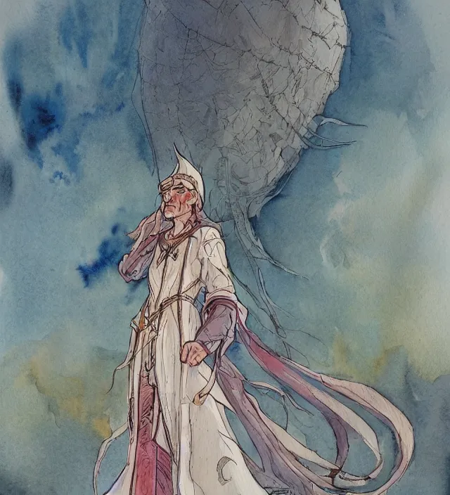 Image similar to a 3 / 4 view watercolor ink painting of an elf cleric / wizard wandering a ringworld bringing miracles in the style of jean giraud in the style of moebius trending on artstation deviantart pinterest detailed realistic hd 8 k high resolution