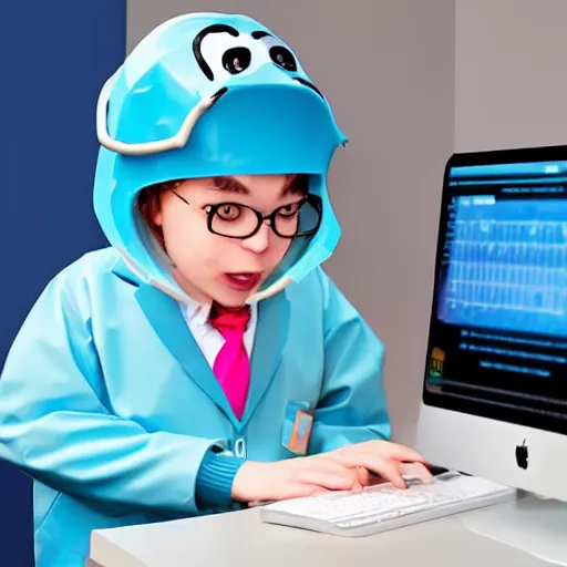 Image similar to A dolphin wearing a chemist outfit, playing games on a computer