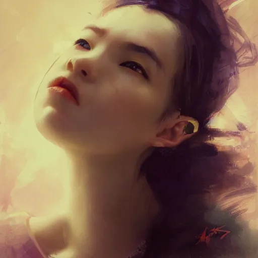 Image similar to a cute and beautiful girl by ruan jia, 8 k, closeup headshot, smooth, trending on artstation, black long hair, black eyes, movie poster style