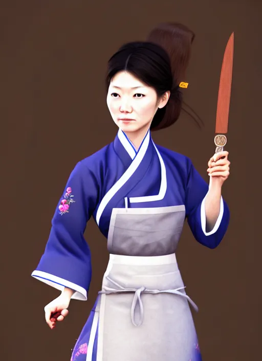Image similar to character concept of a south korean female chef, wearing a beautiful hanbok inspired apron, holding magical kitchen knives, by kan liu and loish, 4 k render, unreal engine, high resolution, intricate detailed, hyperdetailed, photorealistic, artstation, smooth, sharp focus