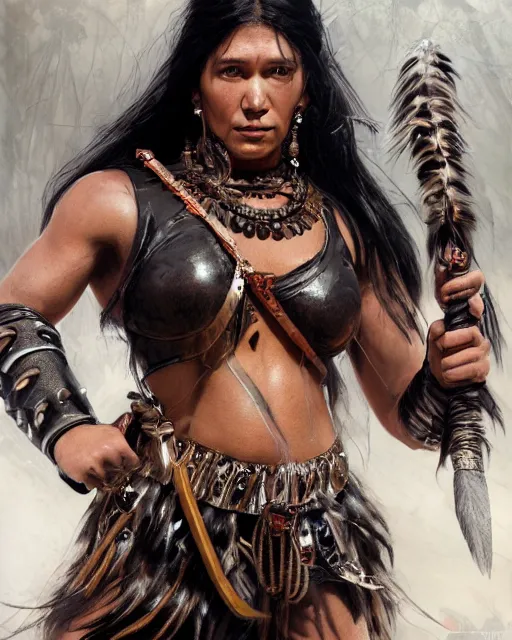 Image similar to Strong native American female beauty with long straight black hair in a ponytail and muscular figure, wearing roman black leather armor with detailed bronze ornaments, she is a fighter holding two sabers in a vivid jungle in natural light, low angle, mist, micro details, octane render, in the style of Anders Zorn and Jaime Jones, trending on artstation, concept art for movies