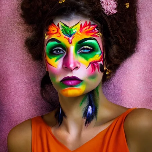 Prompt: stunning portrait photograph of a beautiful woman with her face painted. face painting of beautiful flowers. rich colors.