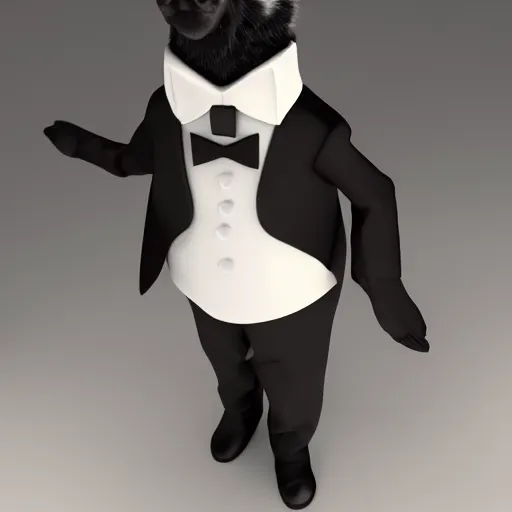 Image similar to 3 d render of a wolf as a gentleman wearing tuxedo on a studio shot, studio lighting, cinematic perspective, full hd