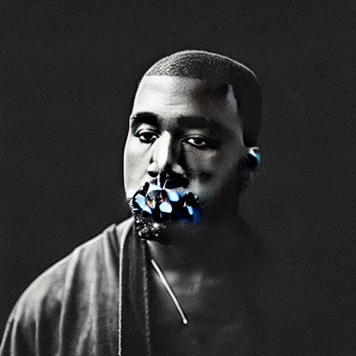 Prompt: a chiaroscuro lighting portrait of kanye west dressed as jesus, black background, portrait by julia margaret cameron, shallow depth of field, 8 0 mm, f 1. 8