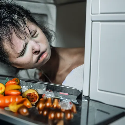 Image similar to photograph of a young woman who looks ill coughing into the open refrigerator, taken with canon eos 5 d,