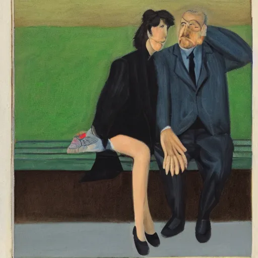 Prompt: a couple sitting on a park bench, surrealistic