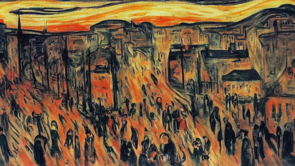 Prompt: a town being bombed on market sunday, tragic painting by edvard munch