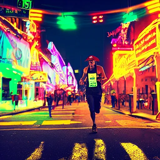 Prompt: jack sparrow running a marathon at night on a neon lit street, cinematic, detailed