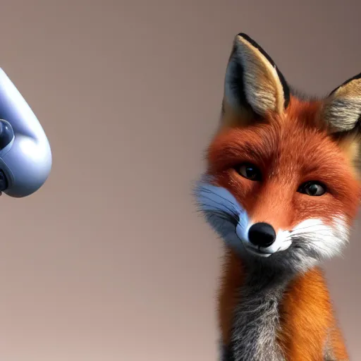 Image similar to a fox toying around a robot, photorealistic, 4k