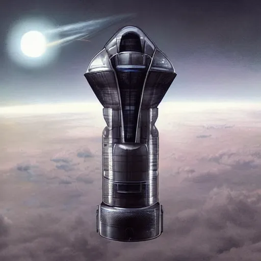 Prompt: “detailed product photo depicting a spaceship that looks like a Dyson vacuum warping into the atmosphere. Seen through the clouds. Art by Mark Maggiori and Greg rutkowski”