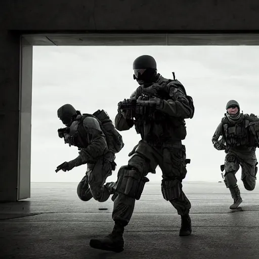 Prompt: Special Forces in grey uniform with black body armor evacuating an LZ in 2022, photo by Adam Ferguson, Pulitzer Winning, cinematic composition, breathtaking, modern, 2022