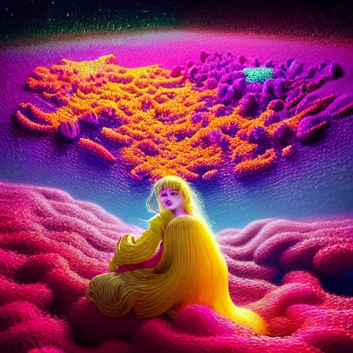 Image similar to hyper detailed 3d render like a Oil painting - kawaii Aurora (Singer) seen Eating of the Strangling network of colorful yellowcake and aerochrome and milky Fruit and Her delicate Hands hold of gossamer polyp blossoms bring iridescent fungal flowers whose spores black the foolish stars by Jacek Yerka, Mariusz Lewandowski, Houdini algorithmic generative render, Abstract brush strokes, Masterpiece, Edward Hopper and James Gilleard, Zdzislaw Beksinski, Mark Ryden, Wolfgang Lettl, hints of Yayoi Kasuma, octane render, 8k