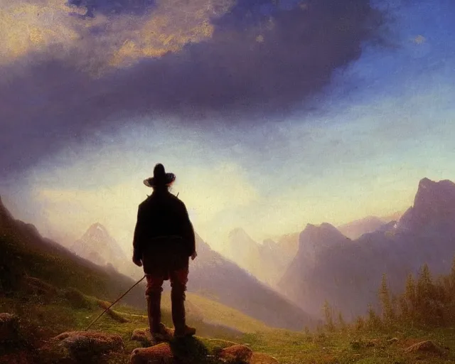 Prompt: a traveler wandering trough the mountains looking at the clouds, very detailed, focused, oil painting, cinematic lighting, albert bierstadt, trending on artstation, colorful, canvas, sunset, hans dahl, theodor kittelsen, hermann hendrich, national geographic, Konstantin Yakovlevich Kryzhitsky, beautiful nature, breathtakingn nordic