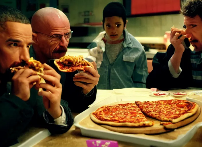 Prompt: portrait of walter white eating pizza sitting with president obama at chuck - e - cheese, dramatic lighting, moody film still from breaking bad ( 2 0 1 2 ), 3 5 mm kodak color stock, 2 4 mm lens, directed by rian johnson, ecktochrome